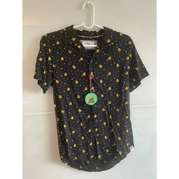 Free Planet Small Short Sleeve Button Down Shirt Christmas Rubber Duckie NEW - Picture 6 of 9